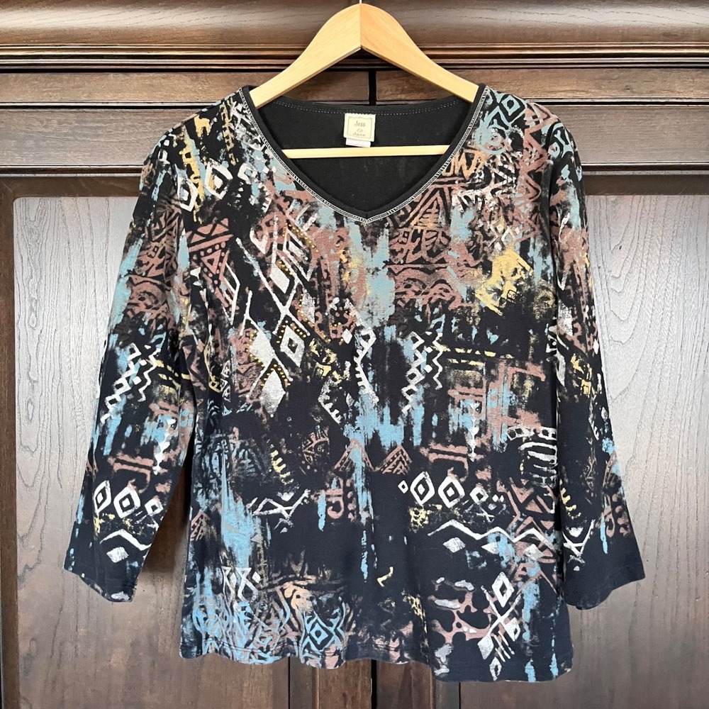 JESS & JANE Tribal Art Knit Top Womens Size M Wearable Art Bling Made in USA